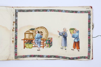 Lot 421 - A CHINESE ALBUM OF TWELVE PITH PAPER PAINTINGS OF TEA PRODUCTION.