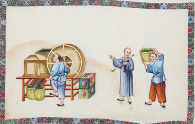 Lot 421 - A CHINESE ALBUM OF TWELVE PITH PAPER PAINTINGS OF TEA PRODUCTION.