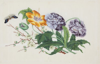 Lot 425 - A CHINESE ALBUM OF EIGHTEEN PITH PAPER PAINTINGS OF FLOWERS.