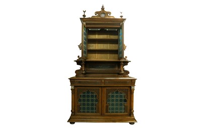 Lot 323 - λ AN IMPRESSIVE MOTHER-OF-PEARL-INLAID HARDWOOD AND STAINED GLASS ORIENTALIST CUPBOARD