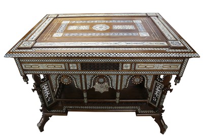 Lot 331 - λ A LARGE AND IMPRESSIVE HARDWOOD MOTHER-OF-PEARL AND IVORY-INLAID ORIENTALIST TABLE
