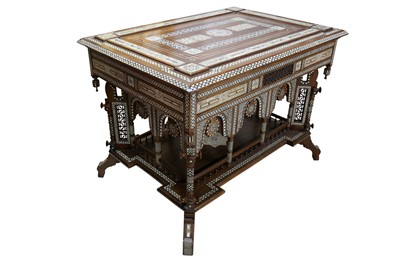 Lot 331 - λ A LARGE AND IMPRESSIVE HARDWOOD MOTHER-OF-PEARL AND IVORY-INLAID ORIENTALIST TABLE