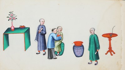 Lot 417 - A CHINESE ALBUM OF NINE PITH PAINTINGS OF FIGURES.