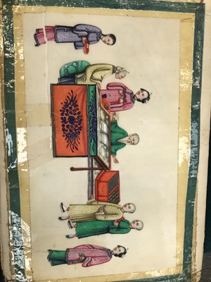 Lot 417 - A CHINESE ALBUM OF NINE PITH PAINTINGS OF FIGURES.