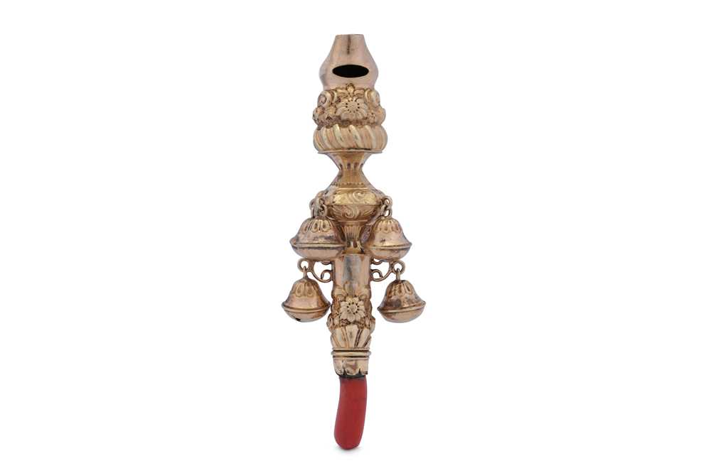 Lot 19 - A George II / III silver gilt baby’s rattle,