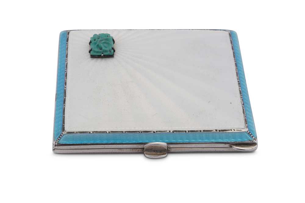 Lot 53 - An Edward VIII sterling silver and guilloche enamel turquoise set art deco compact, Birmingham 1936 by Albert Carter