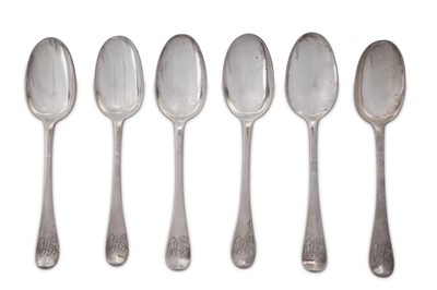 Lot 343 - A matched set of six Queen Anne / George I Britannia standard silver tablespoons, three London 1708 by John Ladyman