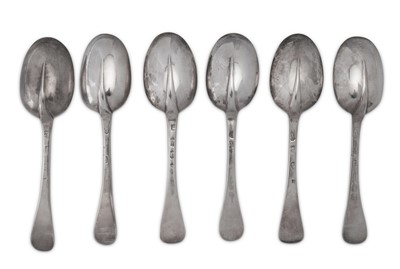 Lot 343 - A matched set of six Queen Anne / George I Britannia standard silver tablespoons, three London 1708 by John Ladyman