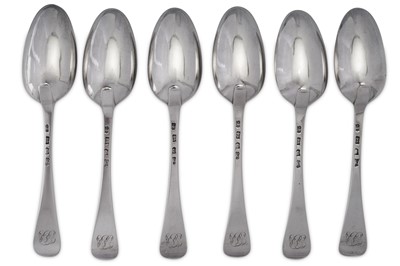 Lot 349 - A set of six George II sterling silver tablespoons, London 1742 by Ebenezer Coker (reg. 25th June 1739)