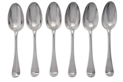 Lot 349 - A set of six George II sterling silver tablespoons, London 1742 by Ebenezer Coker (reg. 25th June 1739)