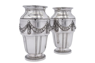 Lot 135 - A pair of early 20th century French 950 standard silver vases, Paris circa 1900 by Boin Taburet