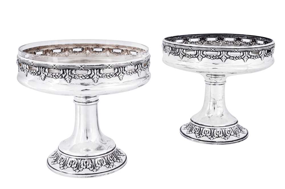 Lot 95 - A pair of early 20th century German 800 standard silver pedestal fruit bowls, Breman circa 1910 by Bremer Silberwarenfabrik (active 1908-81), retailed by Korovitz