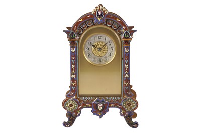 Lot 66 - A FRENCH CHAMPLEVE ENAMEL AND BRASS MANTEL CLOCK, 20TH CENTURY