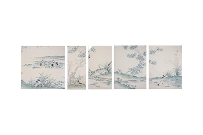 Lot 730 - A SET OF FIVE CHINESE 'HUNDRED BIRDS' WALLPAPER PANELS.
