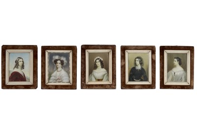 Lot 354 - FIVE DECORATIVE PORTRAIT MINIATURES (CONTINENTAL SCHOOL LATE 19TH / EARLY 20TH CENTURY)