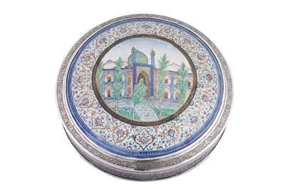 Lot 246 - A large mid-20th century Iranian (Persian) silver and enamel box, Isfahan circa 1950, mark of Reza, retailed by Mozafarian of Tehran