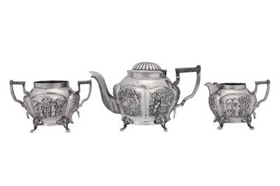 Lot 177 - An early 20th century Anglo – Indian unmarked white metal three-piece tea service, Calcutta circa 1930