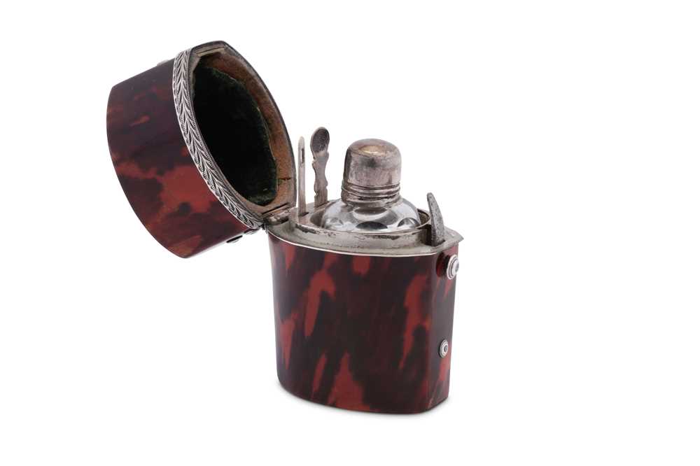 Lot 67 - A George III late 18th century unmarked silver mounted tortoiseshell scent bottle etui, circa 1770