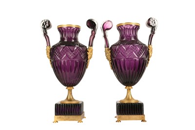 Lot 58 - A PAIR OF LARGE 20TH CENTURY RUSSIAN AMETHYST GLASS AND ORMOLU MOUNTED VASES