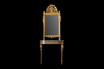 Lot 111 - AN 18TH CENTURY GILTWOOD AND MARBLE CONSOLE TABLE AND MIRROR, POSSIBLY SWEDISH