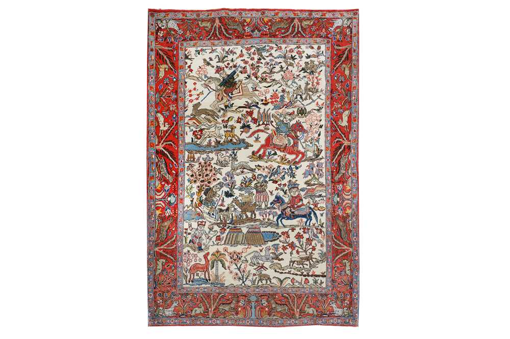 Lot 86 - A FINE QUM RUG WITH HUNTING DESIGN, CENTRAL PERSIA