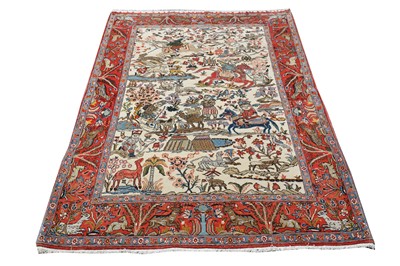 Lot 86 - A FINE QUM RUG WITH HUNTING DESIGN, CENTRAL PERSIA