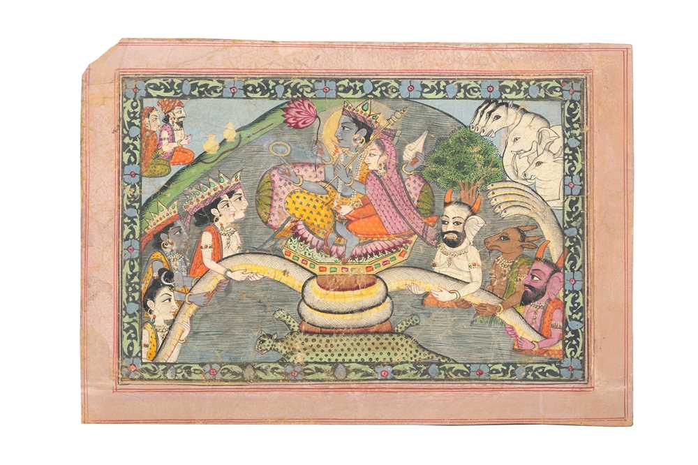 Lot 20 - AN ILLUSTRATION TO A BHAGAVATA PURANA SERIES: SAMUDRA MANTHANA, THE CHURNING OF THE MILK OCEAN