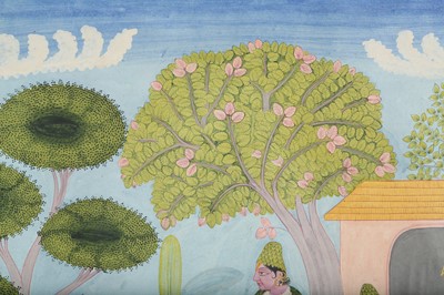 Lot 28 - AN ILLUSTRATION TO A RAMAYANA SERIES: RAMA, SITA AND LAKSHMANA IN THEIR FOREST ABODE