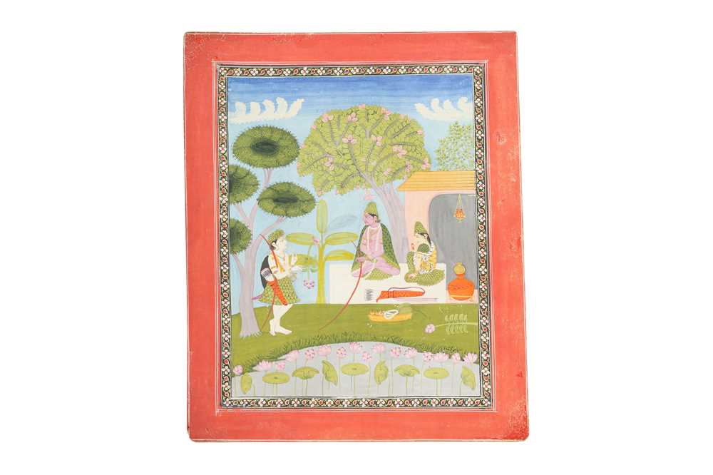 Lot 28 - AN ILLUSTRATION TO A RAMAYANA SERIES: RAMA, SITA AND LAKSHMANA IN THEIR FOREST ABODE