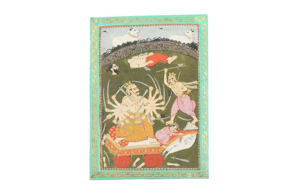 Lot 30 - AN ILLUSTRATION FROM A BHAGAVATA PURANA SERIES: PARASHURAMA IN COMBAT WITH KARTAVIRYA ARJUNA