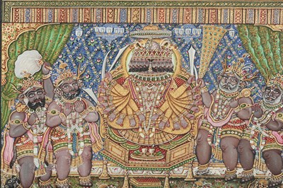 Lot 31 - AN ILLUSTRATION TO A RAMAYANA SERIES: HANUMAN BEFORE THE EVIL KING OF LANKA RAVANA
