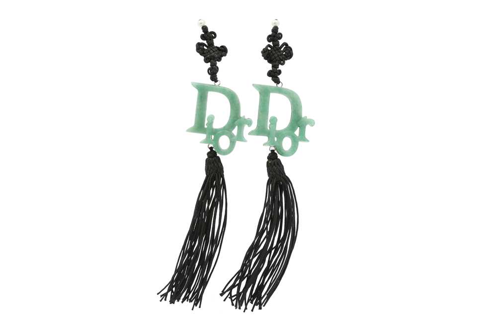 Lot 146 - Christian Dior Jade Logo Macrame Statement Clip On Earrings