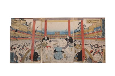 Lot 394 - A SUMO TRIPTYCH BY KUNISADA (1786 - 1865).