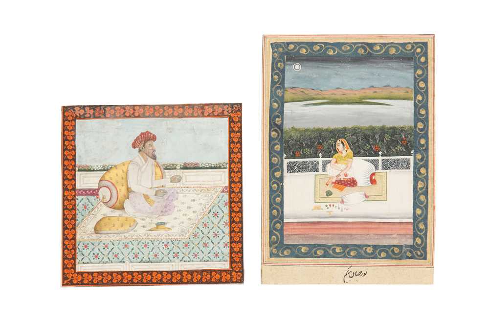 Lot 70 - TWO PORTRAITS: AN ELDERLY INDIAN RULER AND A COURTLY LADY ON PALATIAL TERRACES