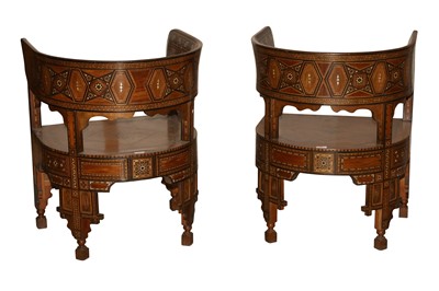 Lot 46 - A PAIR OF SYRIAN HARDWOOD, MOTHER OF PEARL AND MARQUETRY INLAID ARMCHAIRS