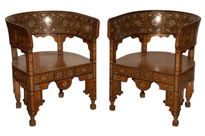 Lot 46 - A PAIR OF SYRIAN HARDWOOD, MOTHER OF PEARL AND MARQUETRY INLAID ARMCHAIRS