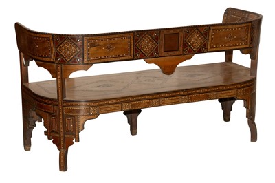 Lot 45 - A SYRIAN HARDWOOD, MOTHER OF PEARL AND MARQUETRY INLAID SETTLE, EARLY 20TH CENTURY