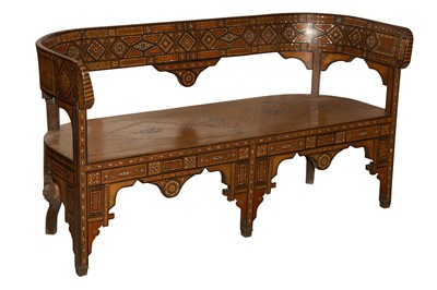 Lot 45 - A SYRIAN HARDWOOD, MOTHER OF PEARL AND MARQUETRY INLAID SETTLE, EARLY 20TH CENTURY