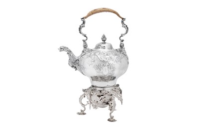 Lot 554 - A George II sterling silver kettle on stand, London 1755 by Henry Morris (this mark reg. 6th April 1744)