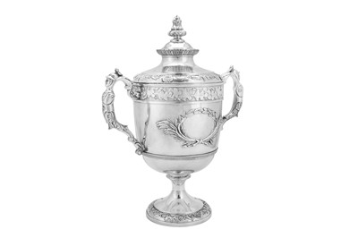 Lot 526 - A George III sterling silver twin handled cup and cover, London 1810 by William Frisbee (first reg. 12th April 1791)