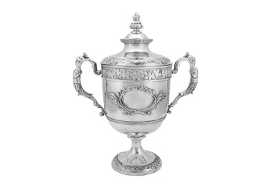 Lot 526 - A George III sterling silver twin handled cup and cover, London 1810 by William Frisbee (first reg. 12th April 1791)
