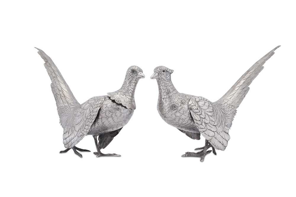 Lot 106 - A pair of early 20th century silver table ornaments modelled as pheasants, probably Dutch