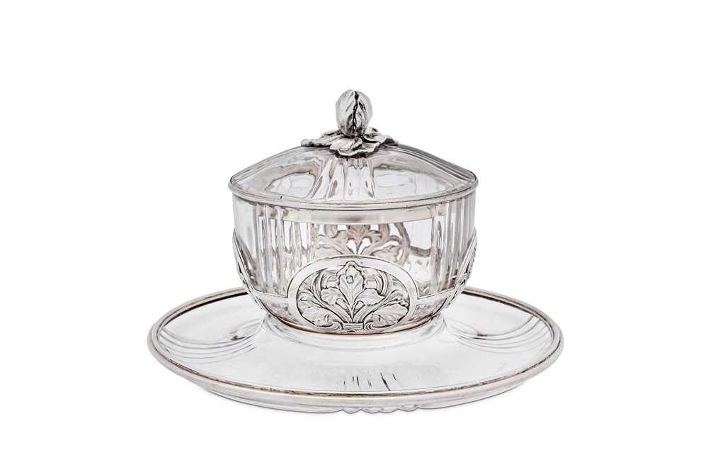 Lot 137 - An early 20th century French 950 standard silver gilt mounted glass caviar dish and stand, Paris circa 1900 by A Risler & Carre (active 1897-1912)