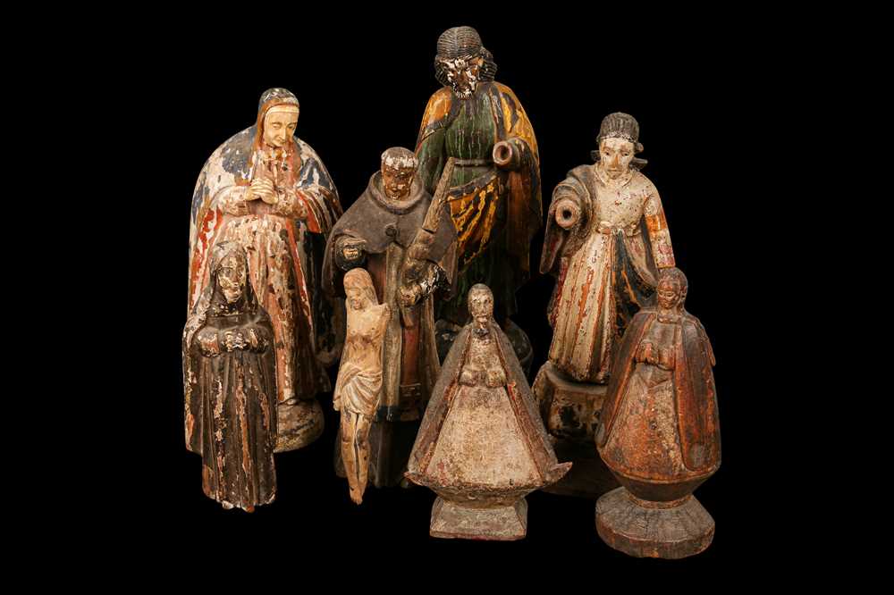 Lot 14 - AN 18TH CENTURY PORTUGUESE COLONIAL FIGURE OF THE VIRGIN TOGETHER WITH SEVEN FURTHER FIGURES