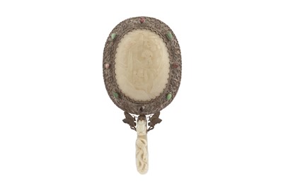 Lot 513 - A CHINESE WHITE JADE-INSET WHITE METAL MIRROR.