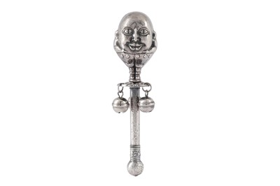 Lot 582 - A WHITE METAL NOVELTY BABY'S RATTLE OF HUMPTY DUMPTY, probably late 20th century
