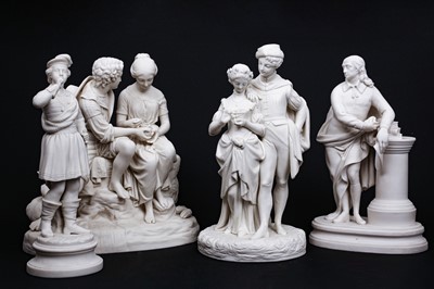 Lot 432 - A LATE 19TH CENTURY BISCUIT PORCELAIN FIGURE OF MILTON TOGETHER WITH THREE FURTHER FIGURES