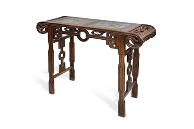 Lot 990 - A HARDWOOD MARBLE-INLAID ALTAR TABLE.