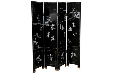 Lot 326 - A CHINESE BLACK LACQUERED FOUR FOLD SCREEN, LATE 20TH CENTURY