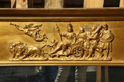 Lot 112 - AN EARLY 19TH CENTURY GILTWOOD AND GESSO WALL MIRROR OF CLASSICAL THEME